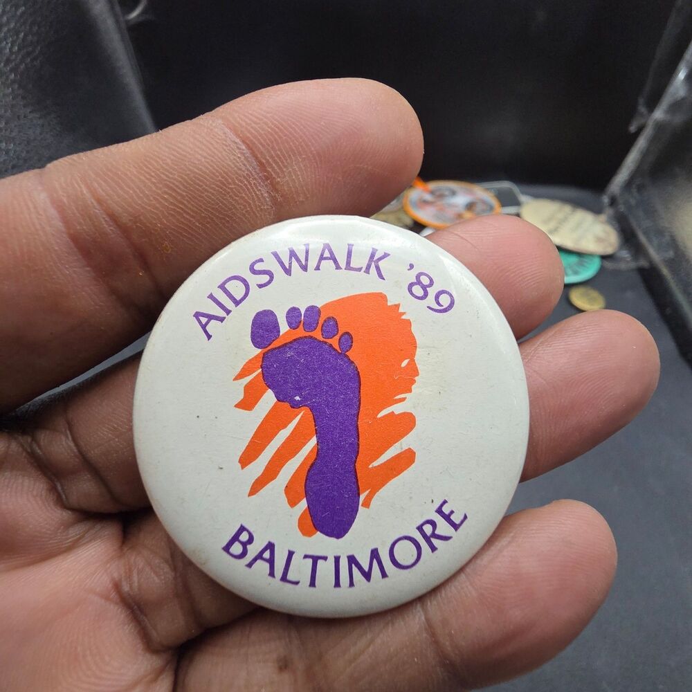 Vintage AIDS Walk 89 Baltimore Pinback Button Purple Orange Footprint